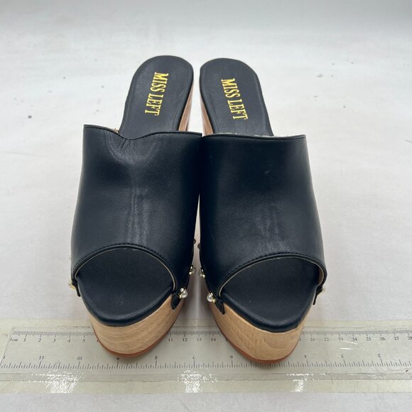 miss left Black Platform Chunky High Heel Mules Open Toe Studded Slide Sandals - Picture 3 of 8